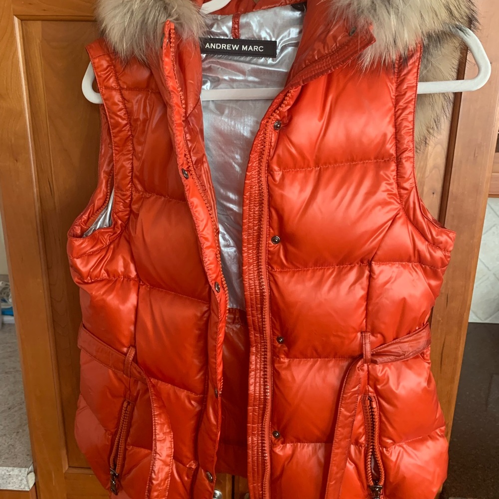 Andrew Marc Puffer Vest with Belt & Fur-edged Hood